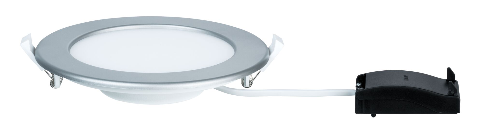 Rundt LED-indbygningspanel i sølvfarvet aluminium med hvid diffuser og sort driver til moderne belysning