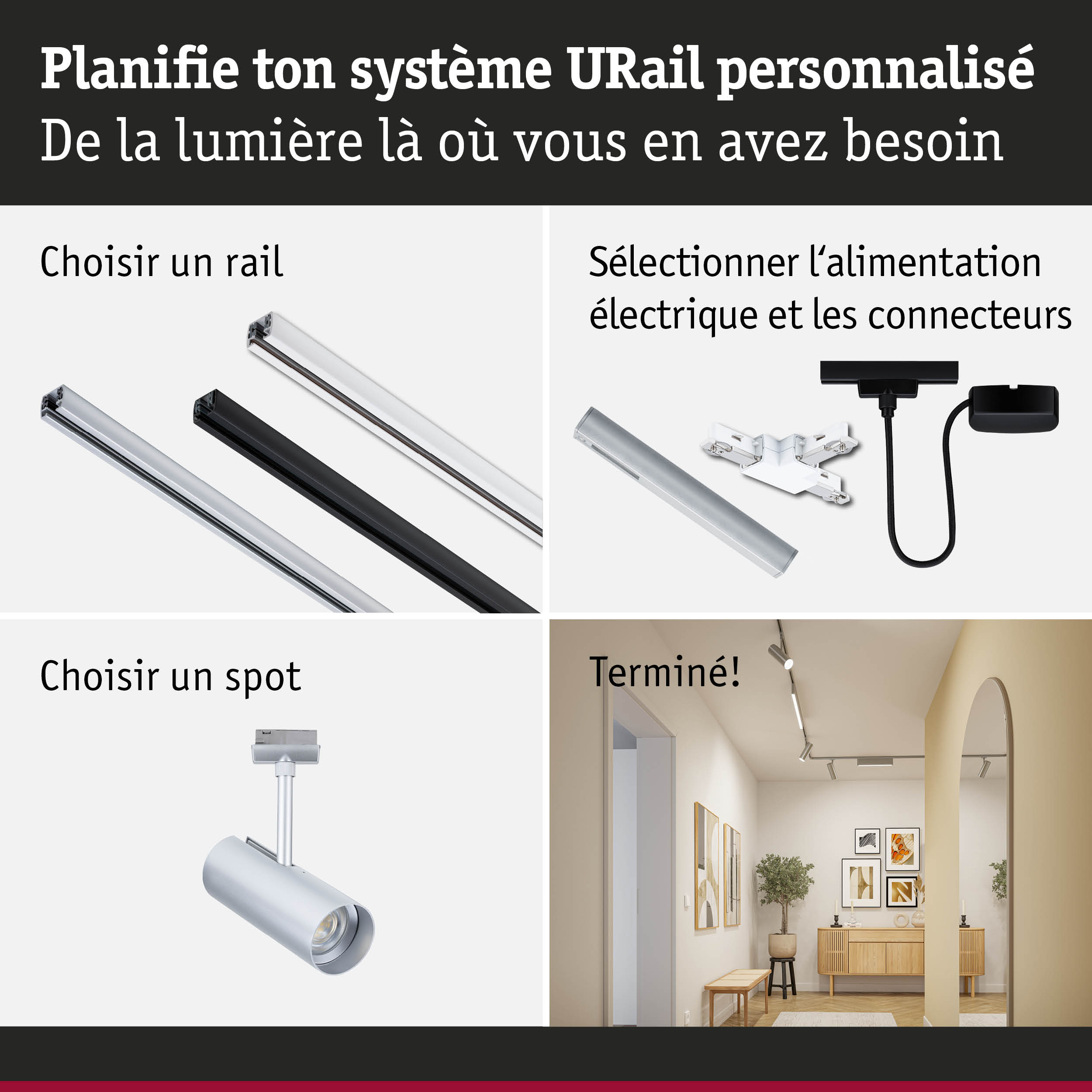 Guide pour planifier un système d'éclairage URail avec rails, alimentation et spots blancs et noirs