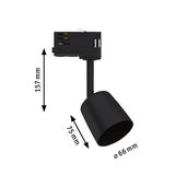 Black metal LED spotlight with 157 mm height and 66 mm diameter for track lighting systems.