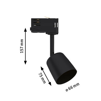 Black metal LED spotlight with 157 mm height and 66 mm diameter for track lighting systems.