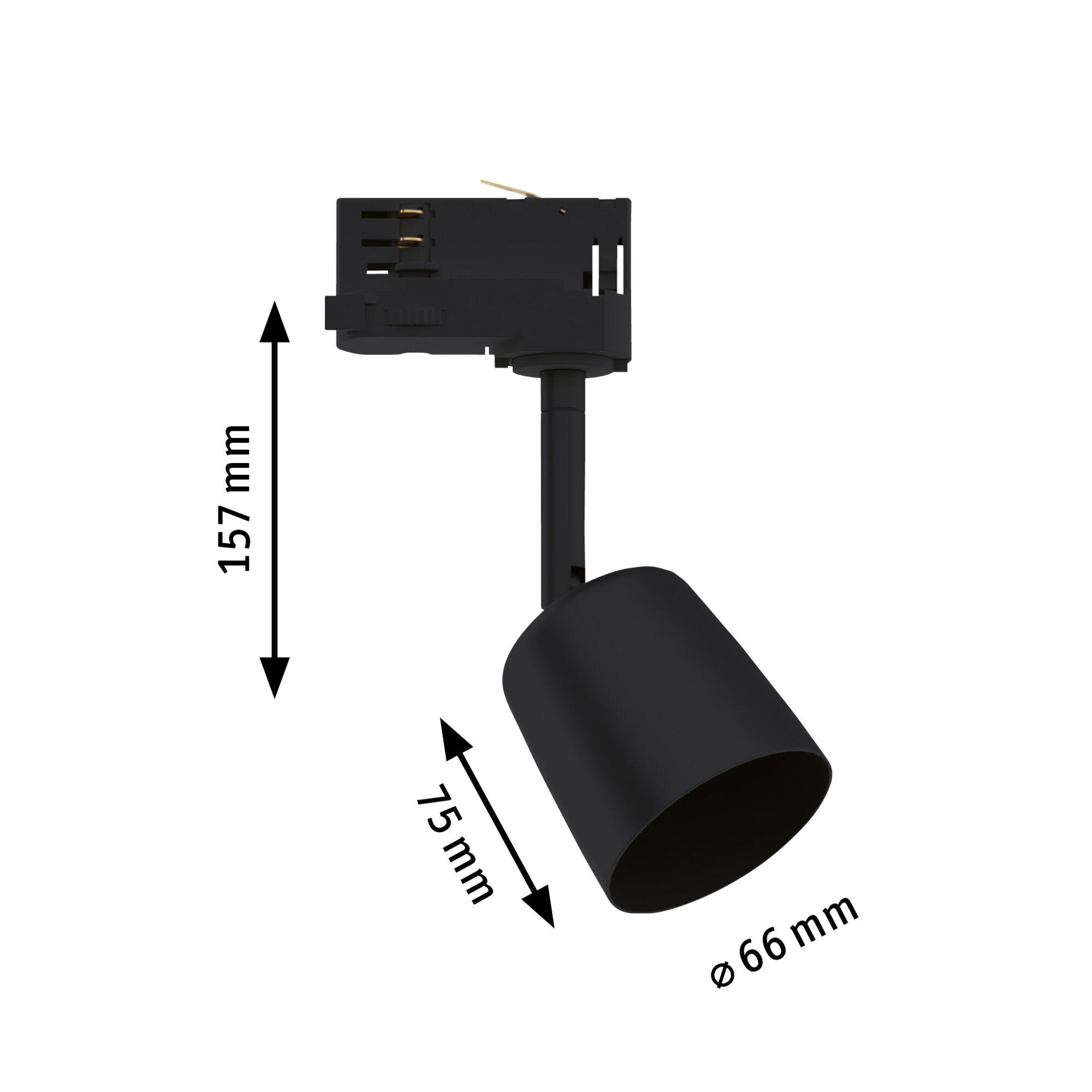 Black metal LED spotlight with 157 mm height and 66 mm diameter for track lighting systems.