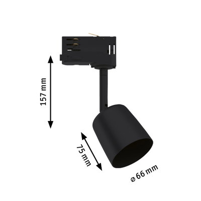 Black metal LED spotlight with 157 mm height and 66 mm diameter for track lighting systems.