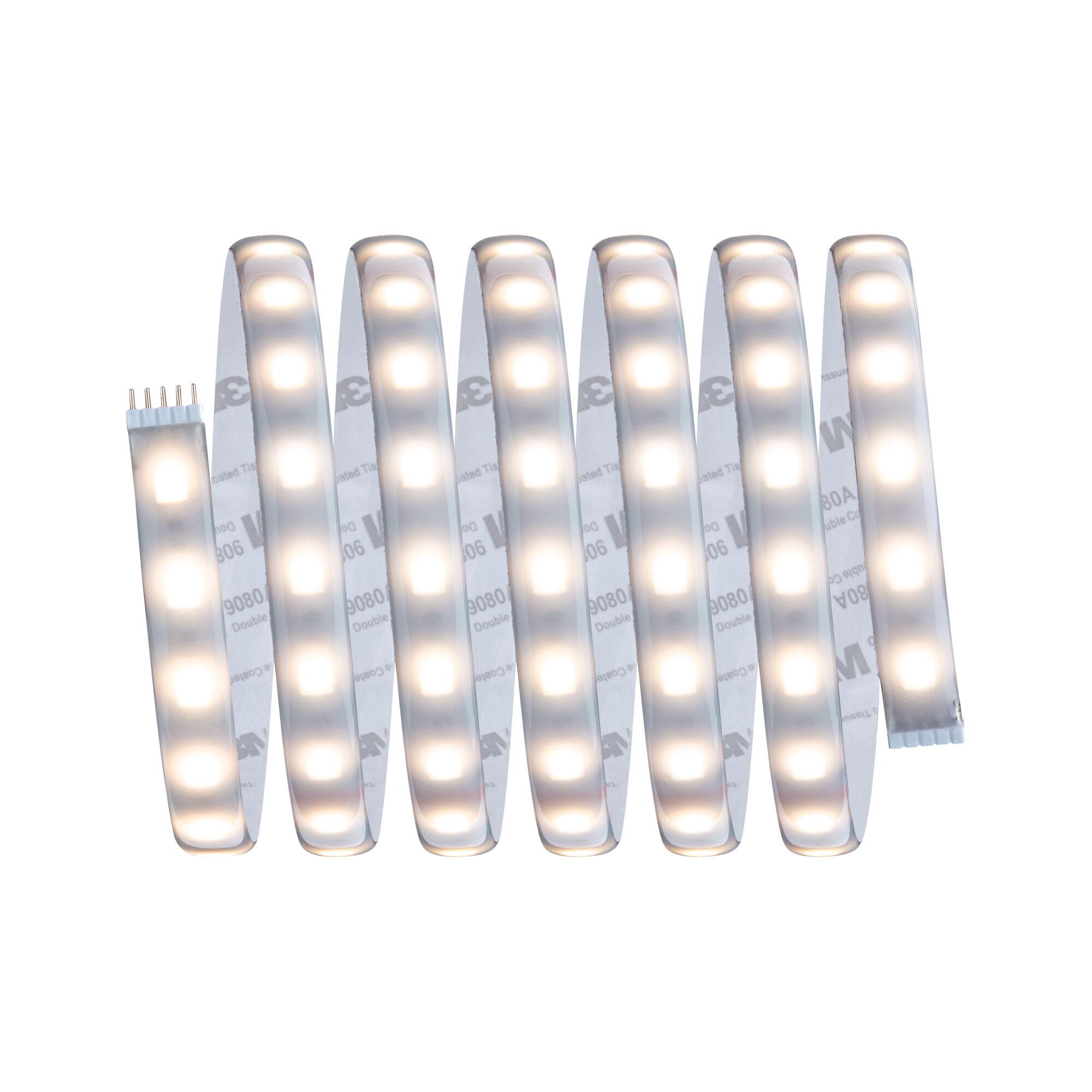 Flexibler LED-Lichtstreifen mit warmweißem Licht und selbstklebender Rückseite für vielseitige Beleuchtung.