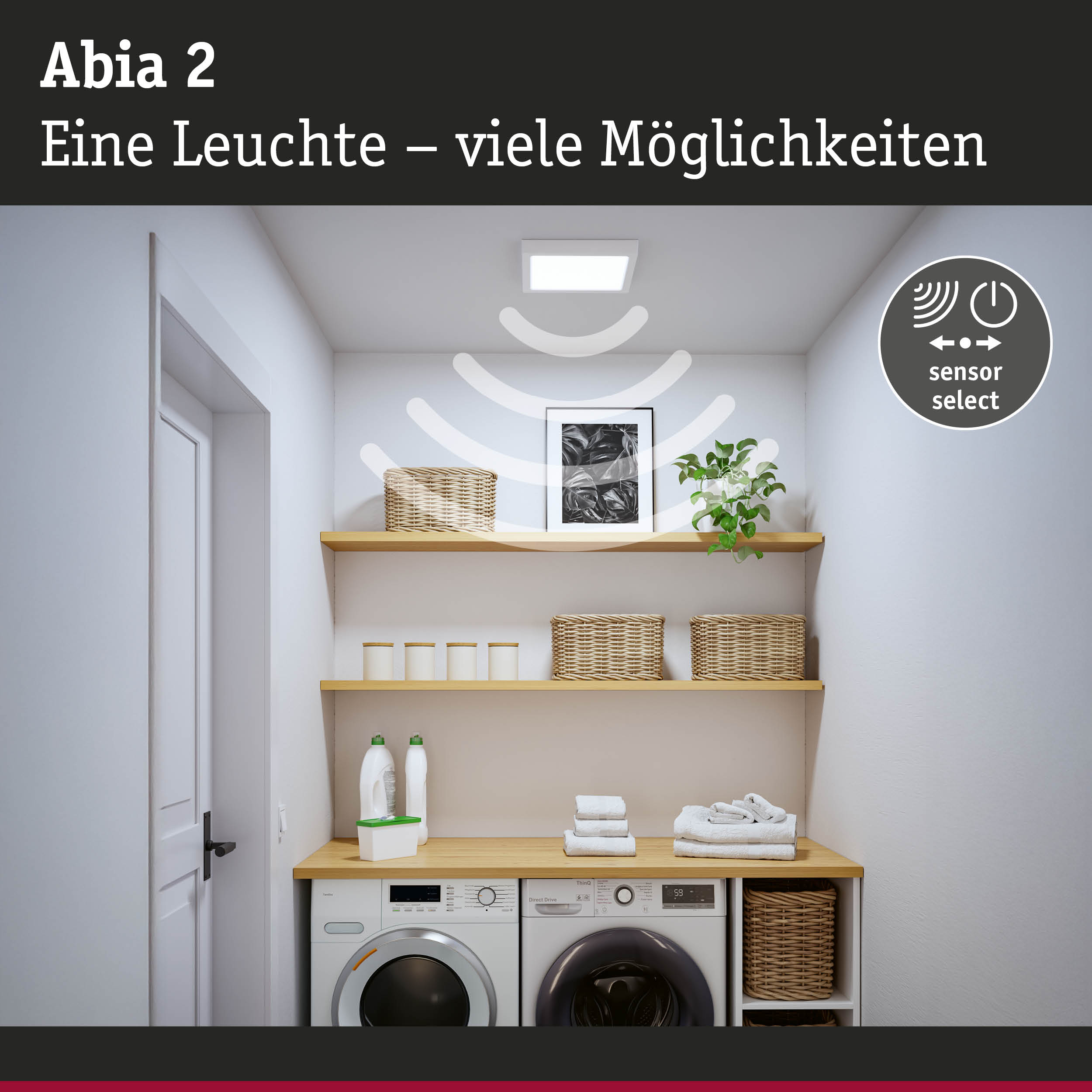 Abia 2 LED-Deckenleuchte in Weiß mit Sensorfunktion über Waschmaschine und Regalen im Hauswirtschaftsraum