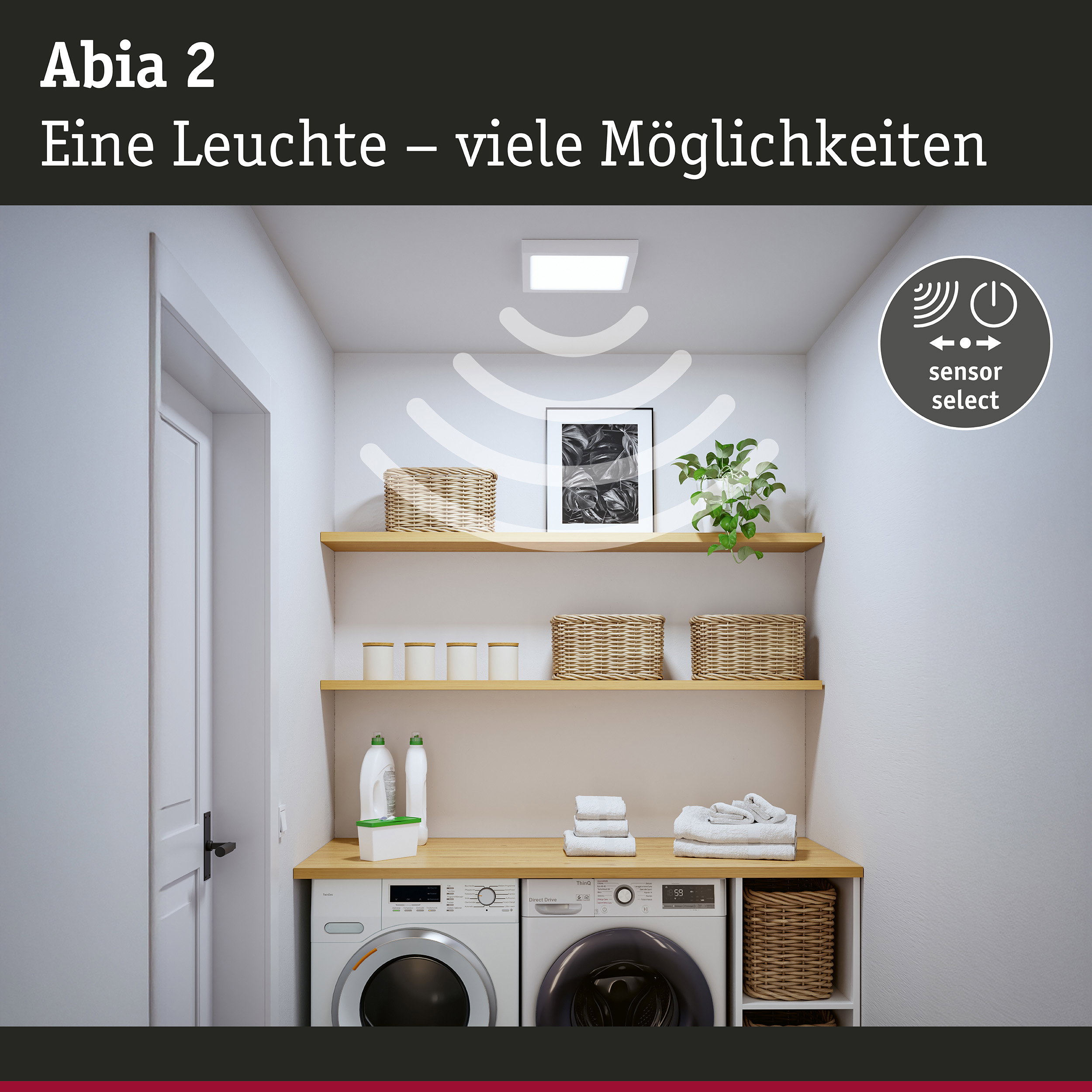Abia 2 LED-Deckenleuchte in Weiß mit Sensorfunktion über Waschmaschine und Regalen im Hauswirtschaftsraum