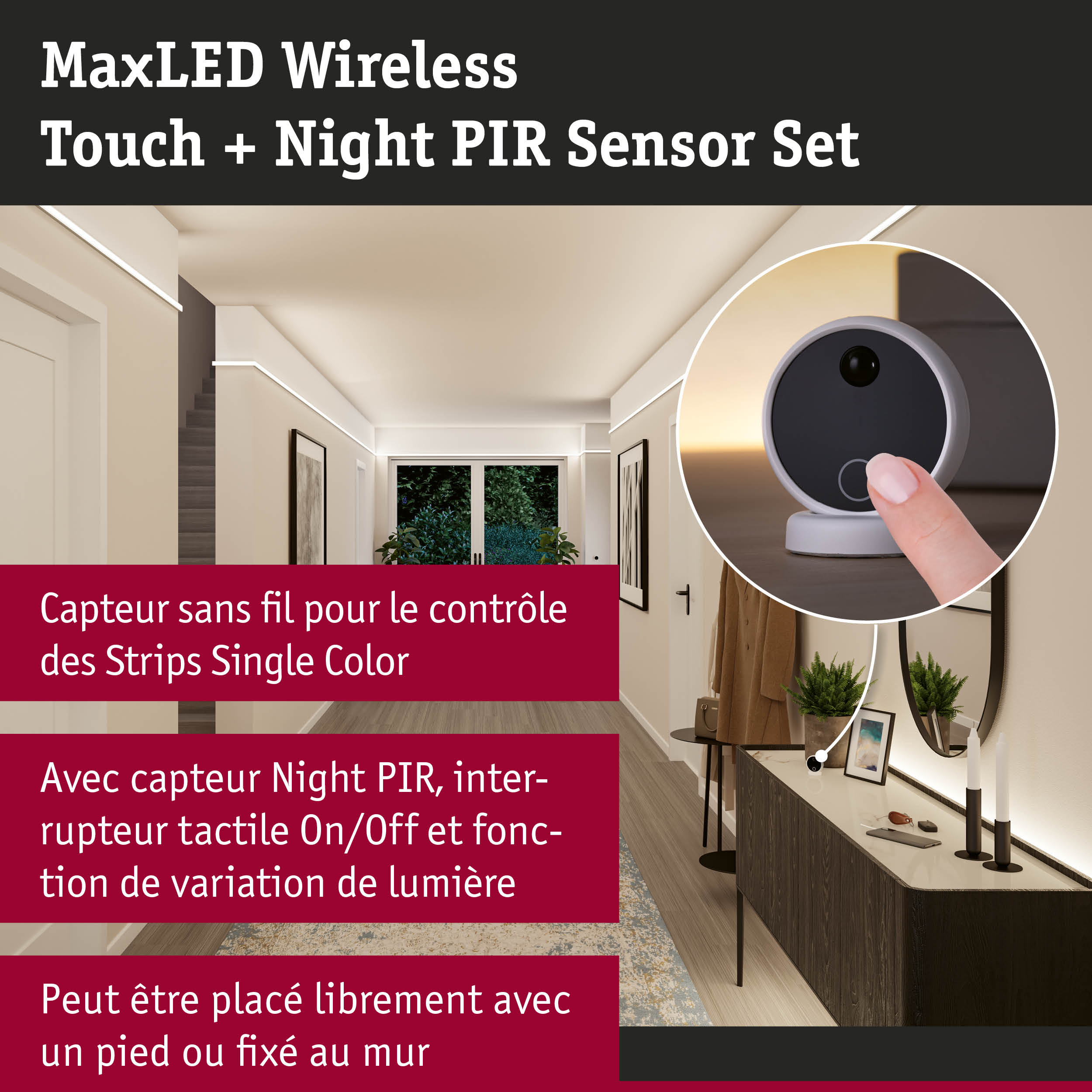Set MaxLED sans fil Touch et capteur PIR Night pour contrôle sans fil des bandes LED
