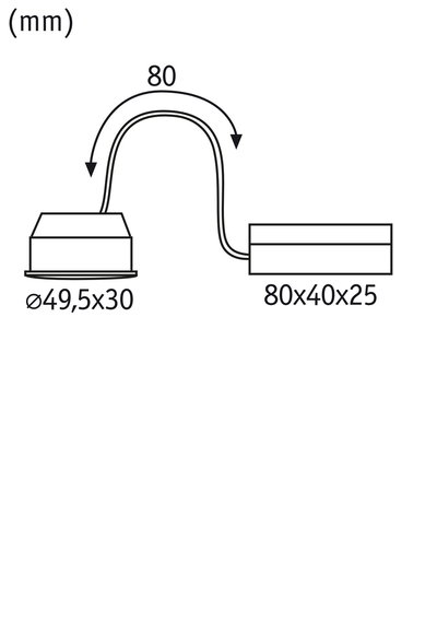 Technical drawing showing dimensions of round light housing and rectangular connection box in millimeters.