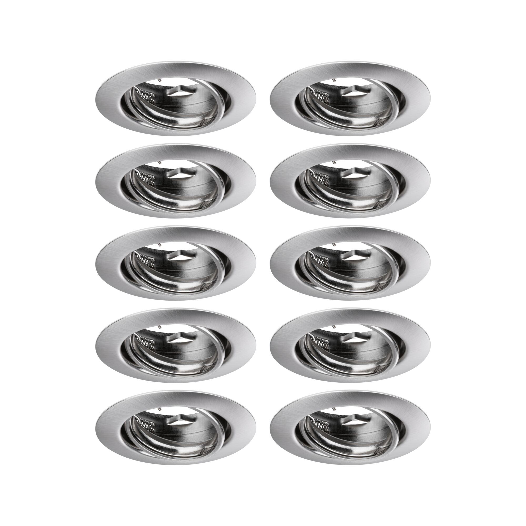 Tien ronde inbouwspots van geborsteld zilverkleurig aluminium voor moderne LED-verlichting.