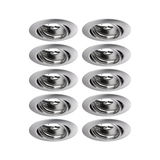 Tien ronde inbouwspots van geborsteld zilverkleurig aluminium voor moderne LED-verlichting.