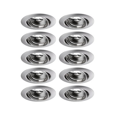 Tien ronde inbouwspots van geborsteld zilverkleurig aluminium voor moderne LED-verlichting.