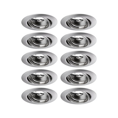 Set of ten round brushed stainless steel recessed LED spotlights for ceiling lighting