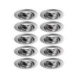 Zehn runde Einbaustrahler aus gebürstetem Edelstahl für moderne LED-Deckenbeleuchtung