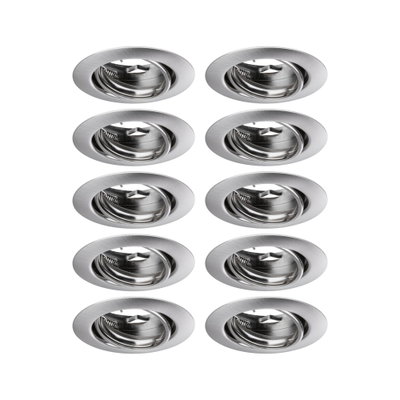 Zehn runde Einbaustrahler aus gebürstetem Edelstahl für moderne LED-Deckenbeleuchtung