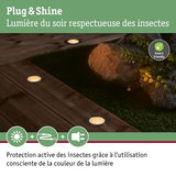 Éclairage LED Plug & Shine blanc chaud au sol sur terrasse en bois respectueux des insectes