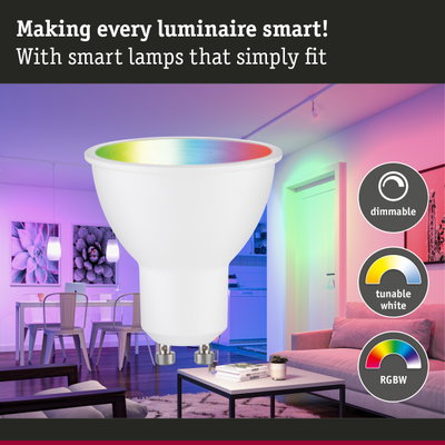 White dimmable LED lamp with GU10 base and RGBW control for smart lighting solutions.