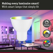 White dimmable LED lamp with GU10 base and RGBW control for smart lighting solutions.