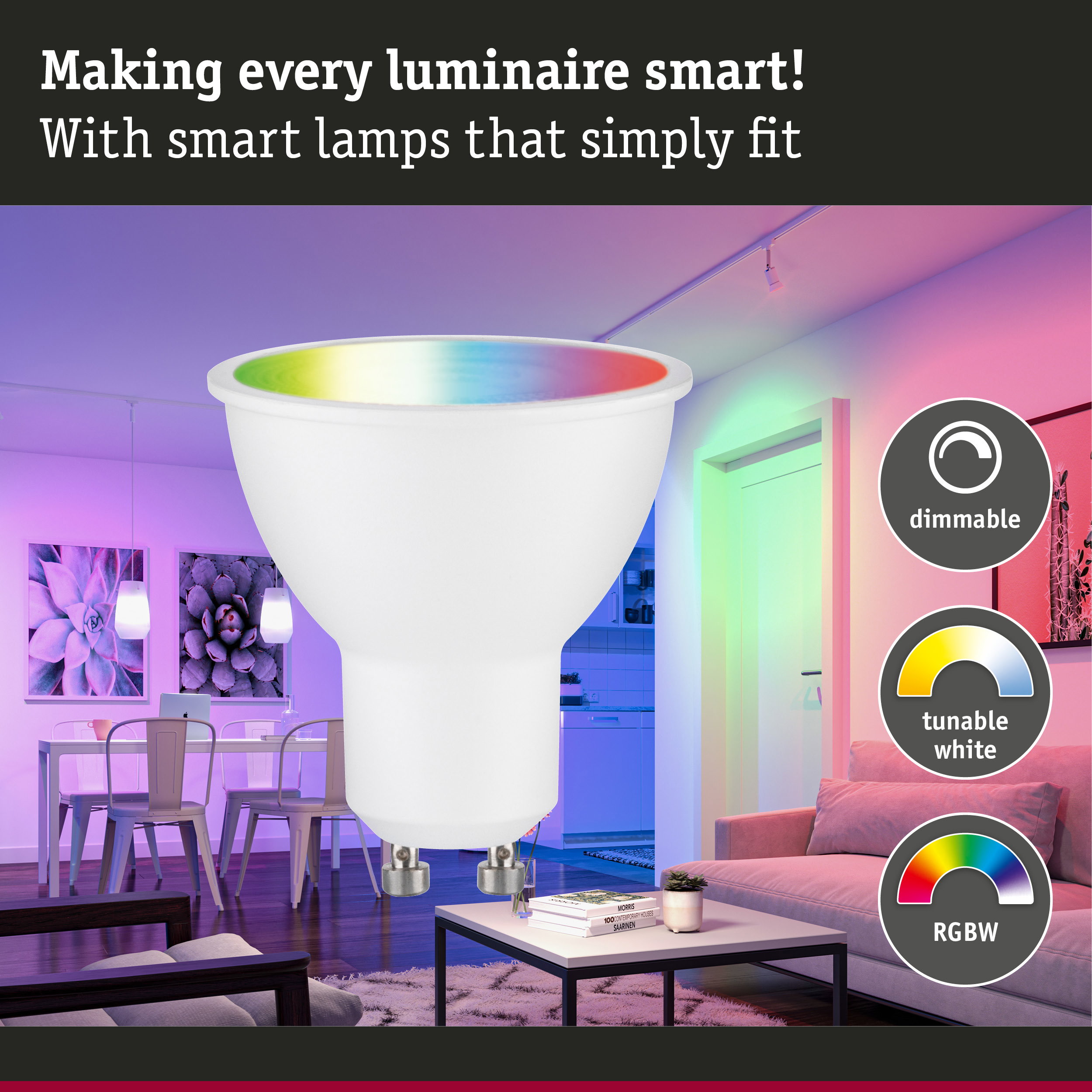 White dimmable LED lamp with GU10 base and RGBW control for smart lighting solutions.