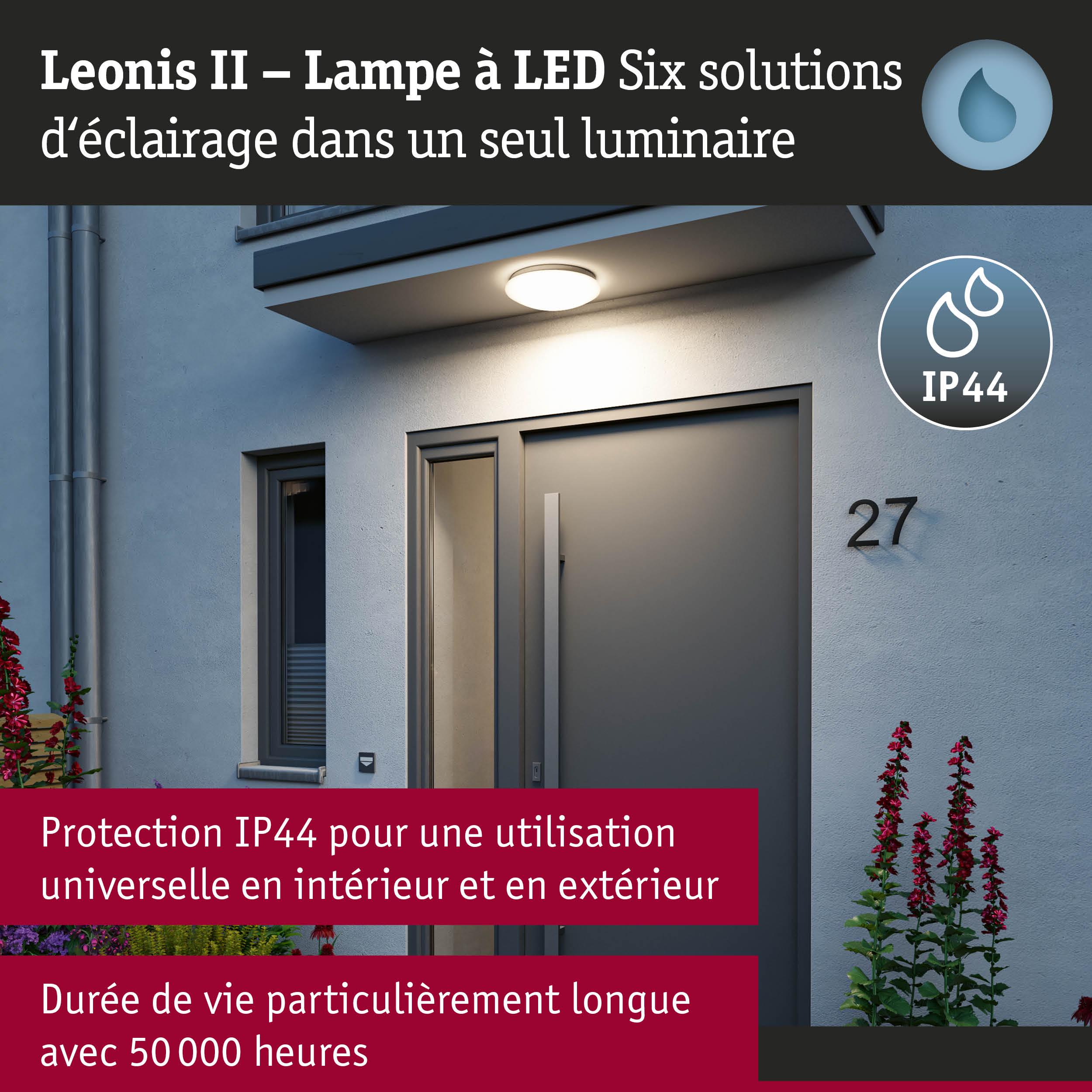 Lampe LED Leonis II blanche avec protection IP44 pour usage intérieur et extérieur, durée de vie de 50000 heures