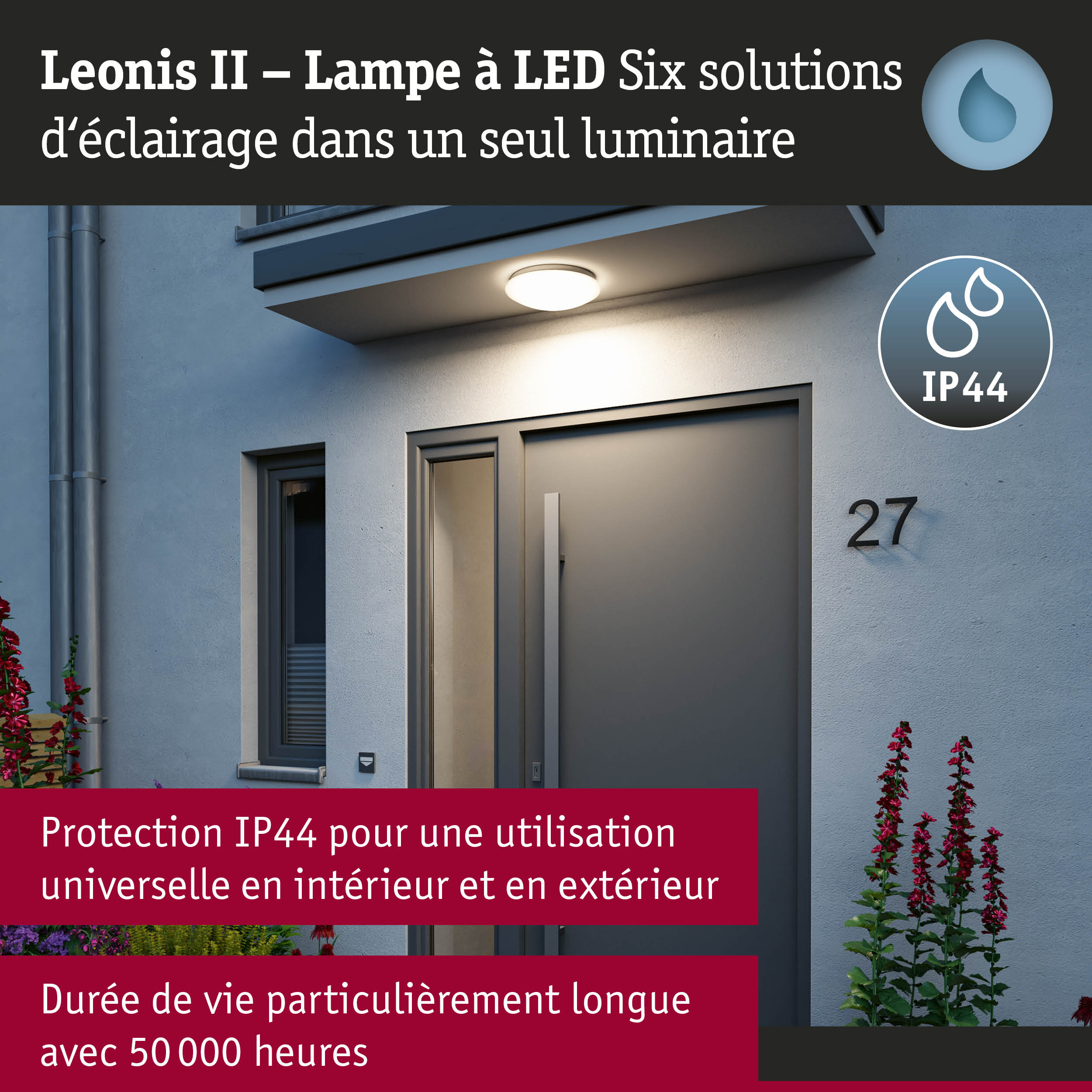 Lampe LED Leonis II blanche avec protection IP44 pour usage intérieur et extérieur