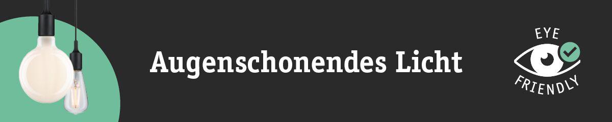 Banner med to hængende pærer og tekst om øjenvenlig LED-belysning.