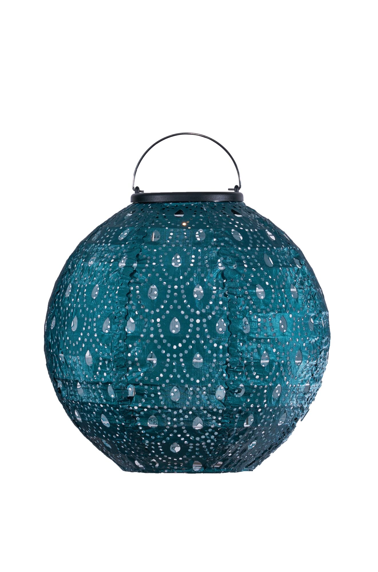 Round blue paper lantern with perforated pattern and metal handle for ambient lighting.