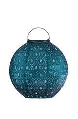 Round blue paper lantern with perforated pattern and metal handle for ambient lighting.