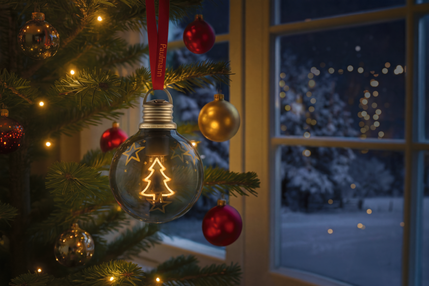 Glaskugel mit LED-Weihnachtsbaum und Sternenmotiv an rotem Band am Tannenbaum im Winterfenster.