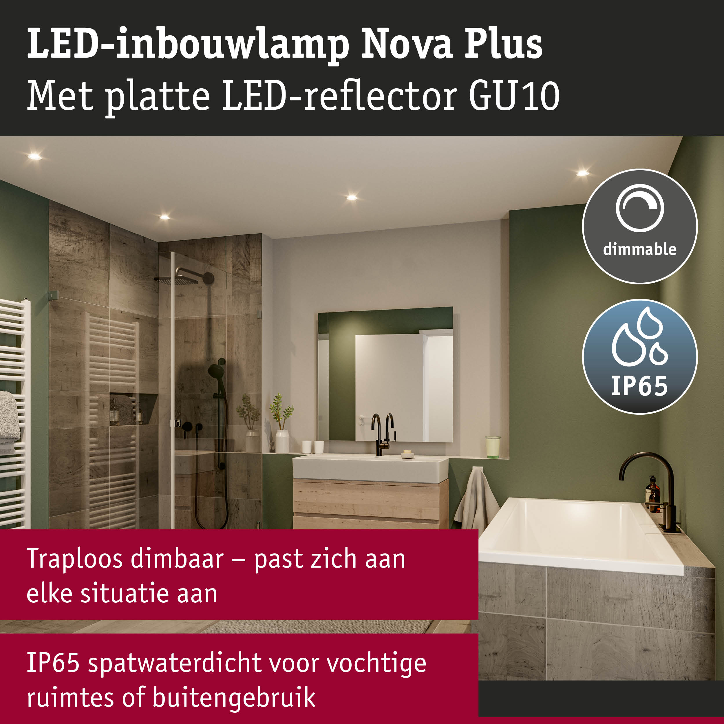 LED-inbouwlamp Nova Plus met platte LED-reflector GU10, dimbaar en IP65 voor vochtige ruimtes