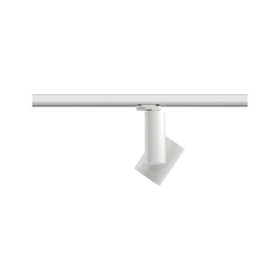 Moderner weißer LED-Strahler aus Metall an Schienensystem für flexible Raumbeleuchtung