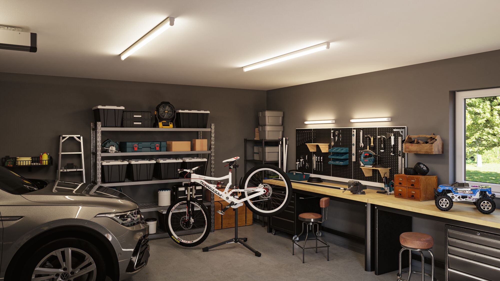 Moderne werkplaats met LED-plafondlampen en werkbankverlichting in grijs en houttinten.