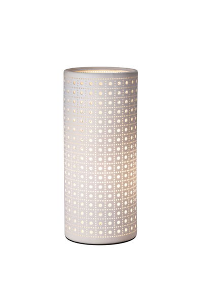 Cylindrical white ceramic lamp with square perforation pattern and warm light for home decor