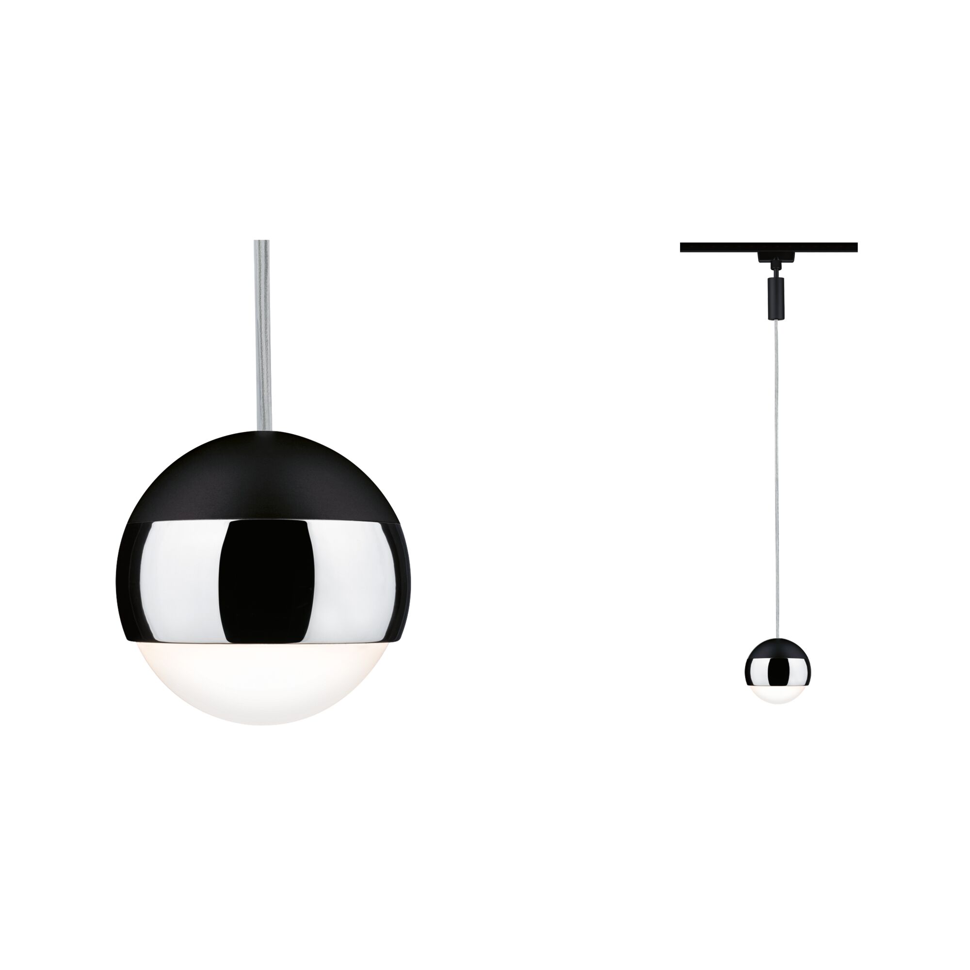 Modern pendant light with black metal and white glass globe for elegant interior lighting