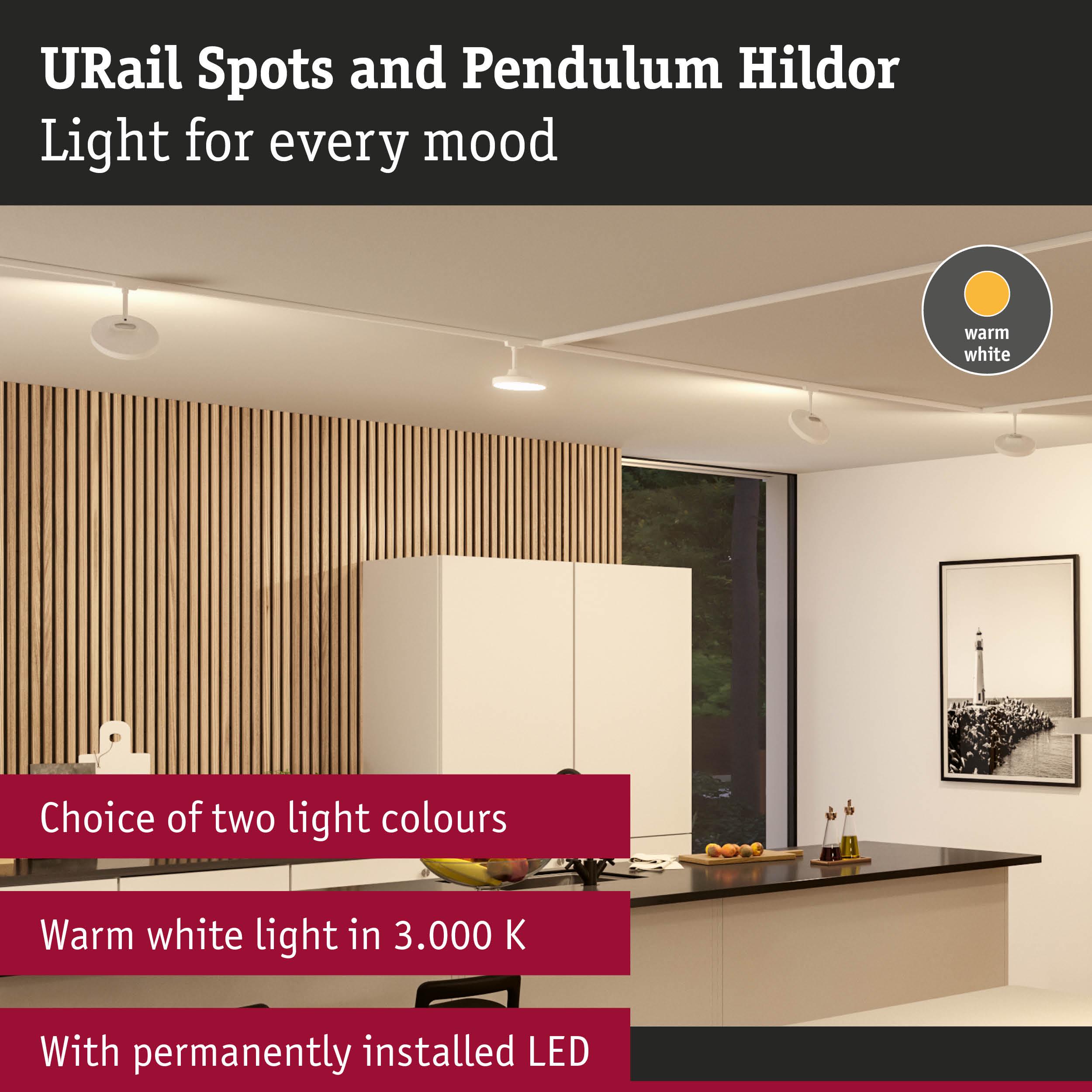 Modern white URail spotlights with warm white 3000K LED light on ceiling above kitchen island with wood panel wall