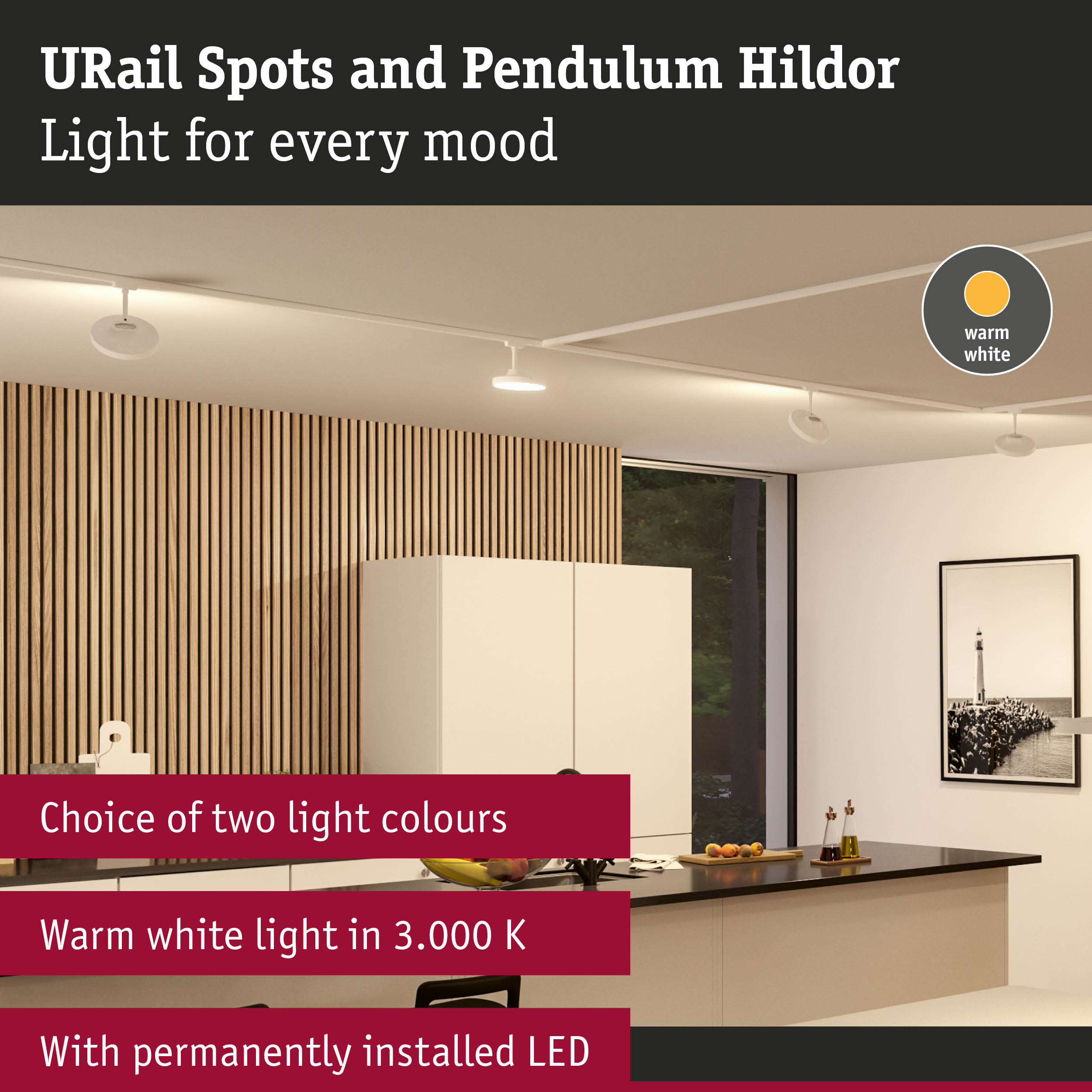White URail Spots and Pendulum Hildor LED ceiling lights with warm white light in modern kitchen