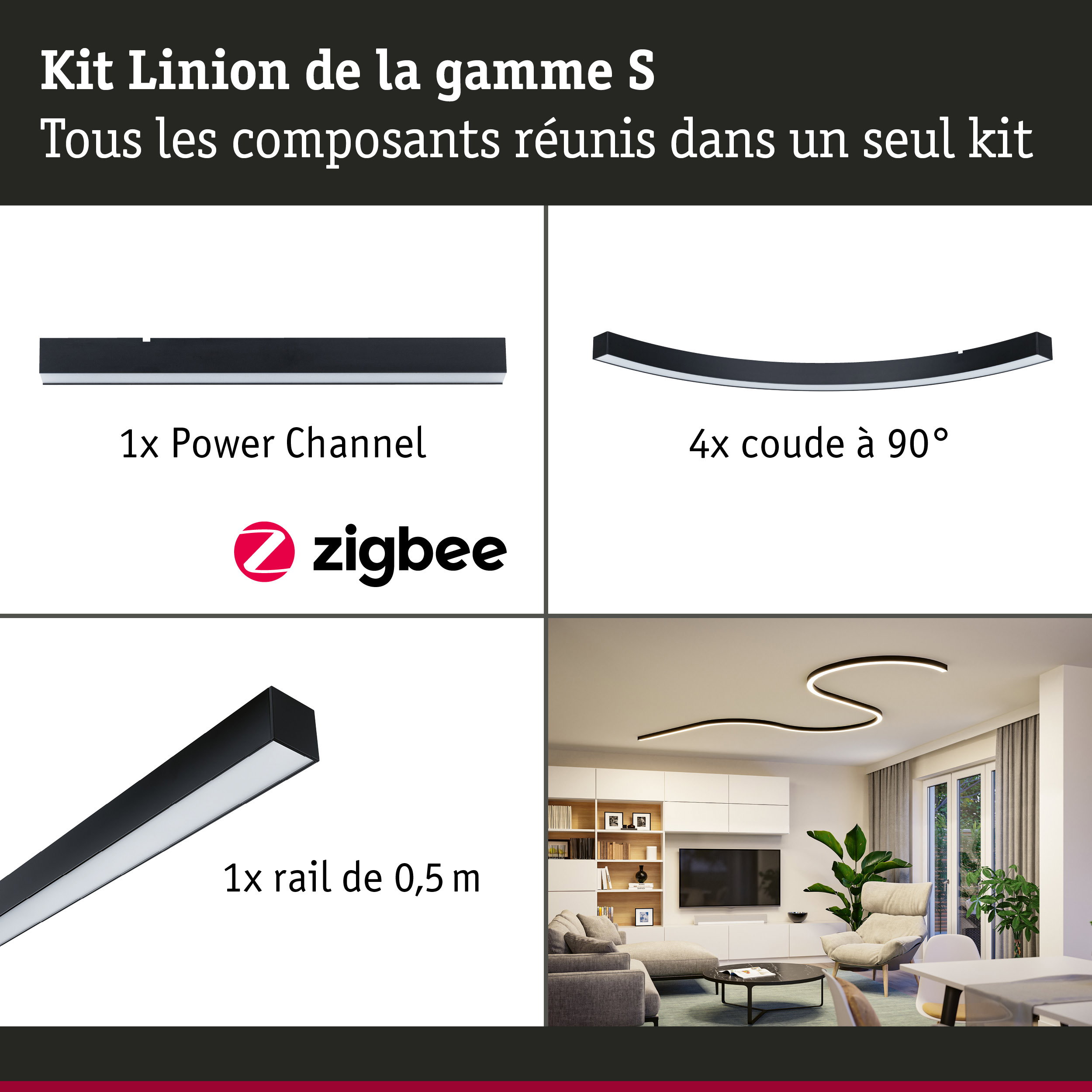 Linion Canal lumineux Smart Home Zigbee 3.0 Forme en S Kit complet 230/24V W 3000K Noir signal