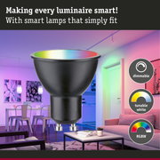 Black smart RGBW LED lamp with dimmable and tunable white features for versatile home lighting