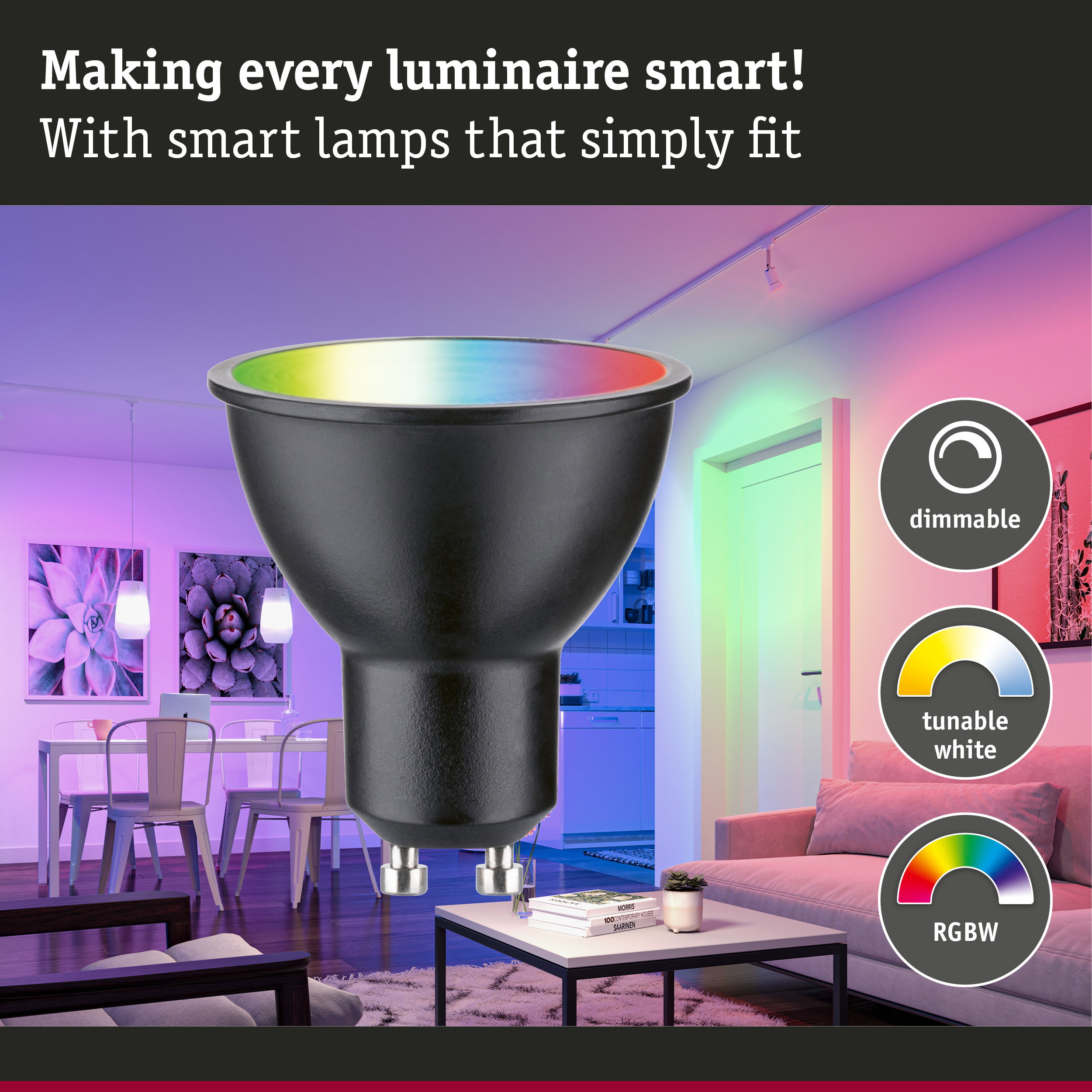 Black smart RGBW LED lamp with dimmable and tunable white features for versatile home lighting
