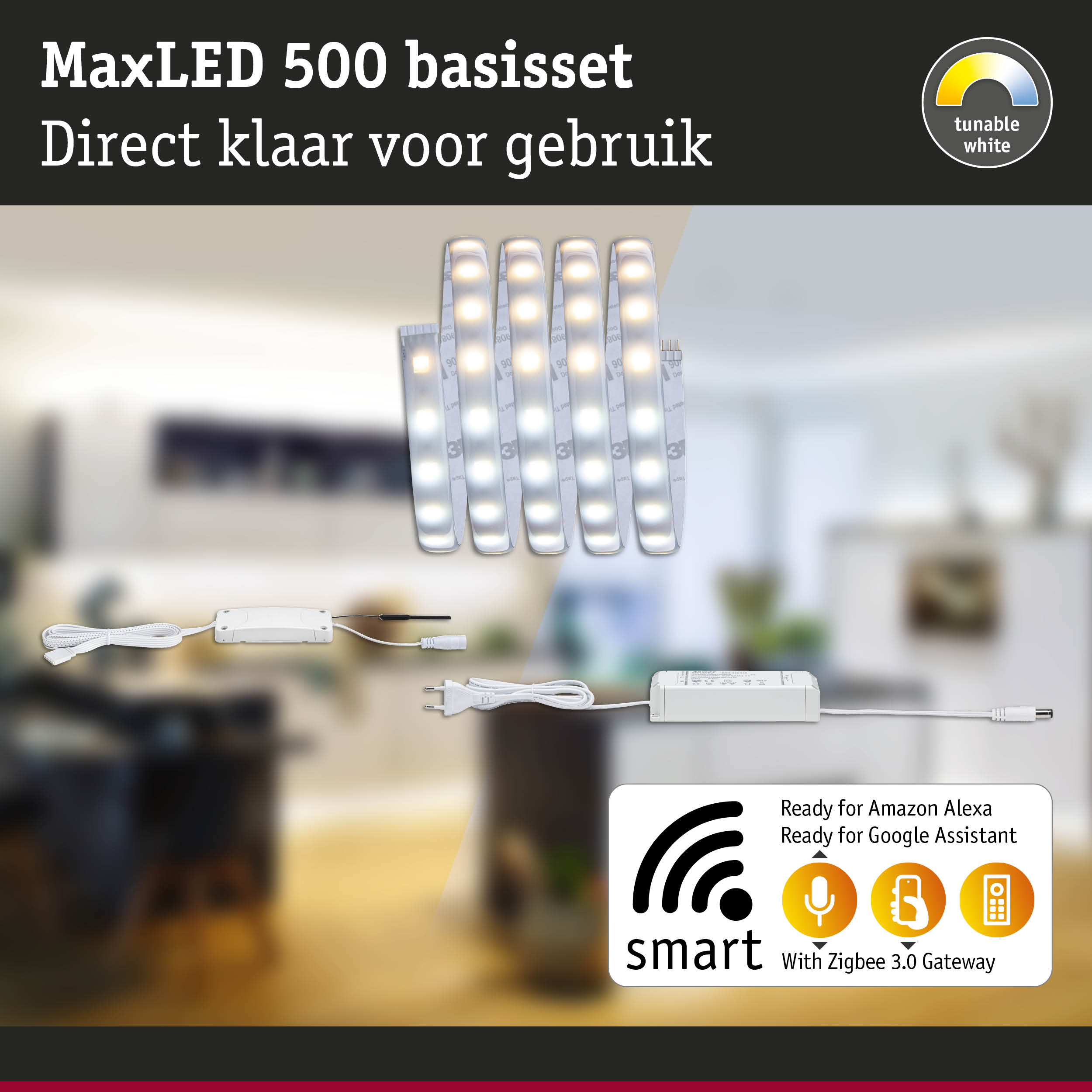 MaxLED 500 basis LED-set met instelbaar wit licht, controller en kabels voor slimme verlichting