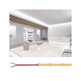 LED light strip with transparent cover and red and black wires for modern lighting applications