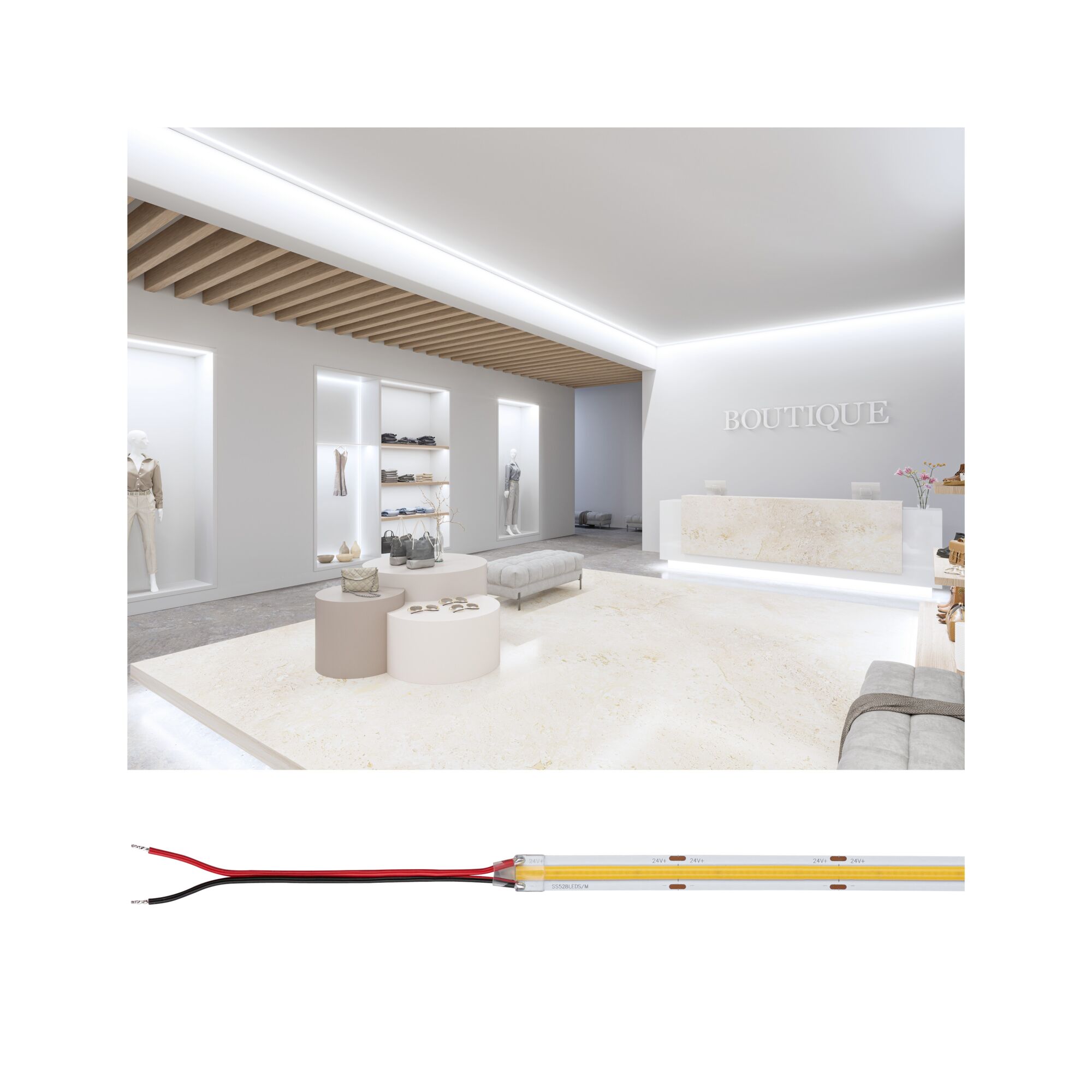Modernes Boutique-Innenraumdesign mit LED-Deckenbeleuchtung und Holzlamellen in neutralen Farben