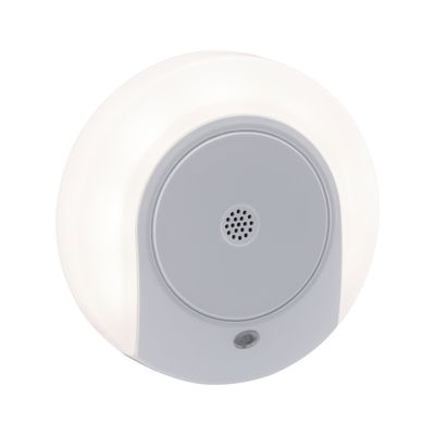 Round LED night light with grey plastic housing and white light for gentle illumination