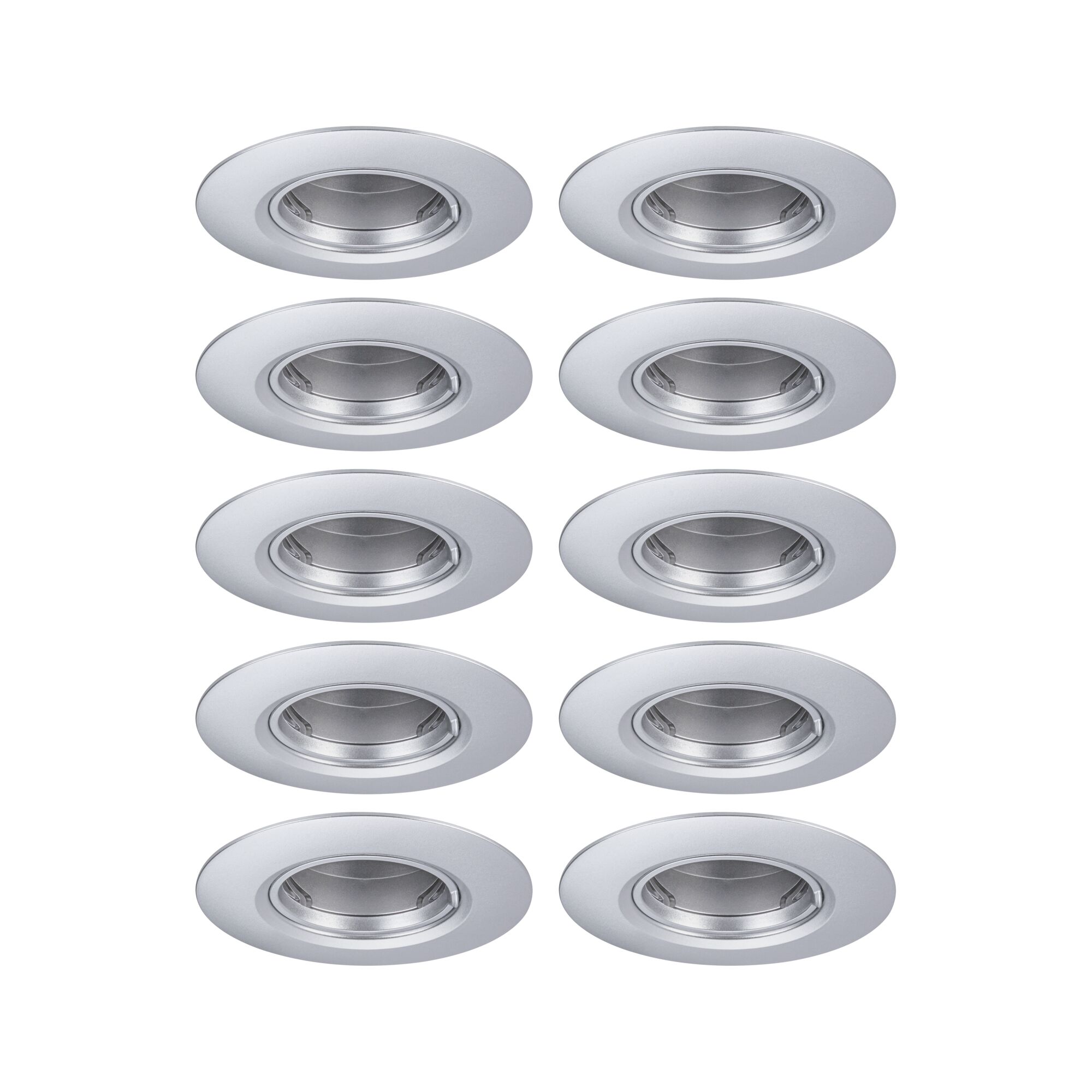 Zehn runde Einbaustrahler aus silbernem Metall für moderne LED-Deckenbeleuchtung