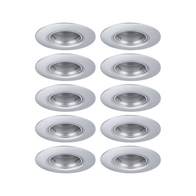 Zehn runde Einbaustrahler aus silbernem Metall für moderne LED-Deckenbeleuchtung
