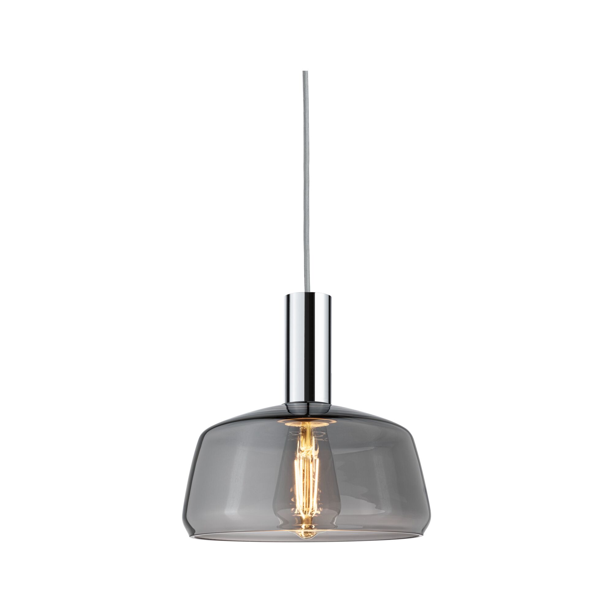 Moderne Pendelleuchte mit rauchgrauem Glas und verchromtem Metall für stilvolle Wohnraumbeleuchtung