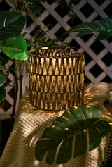 Decorative solar lantern with woven natural material in brown for garden and terrace lighting.