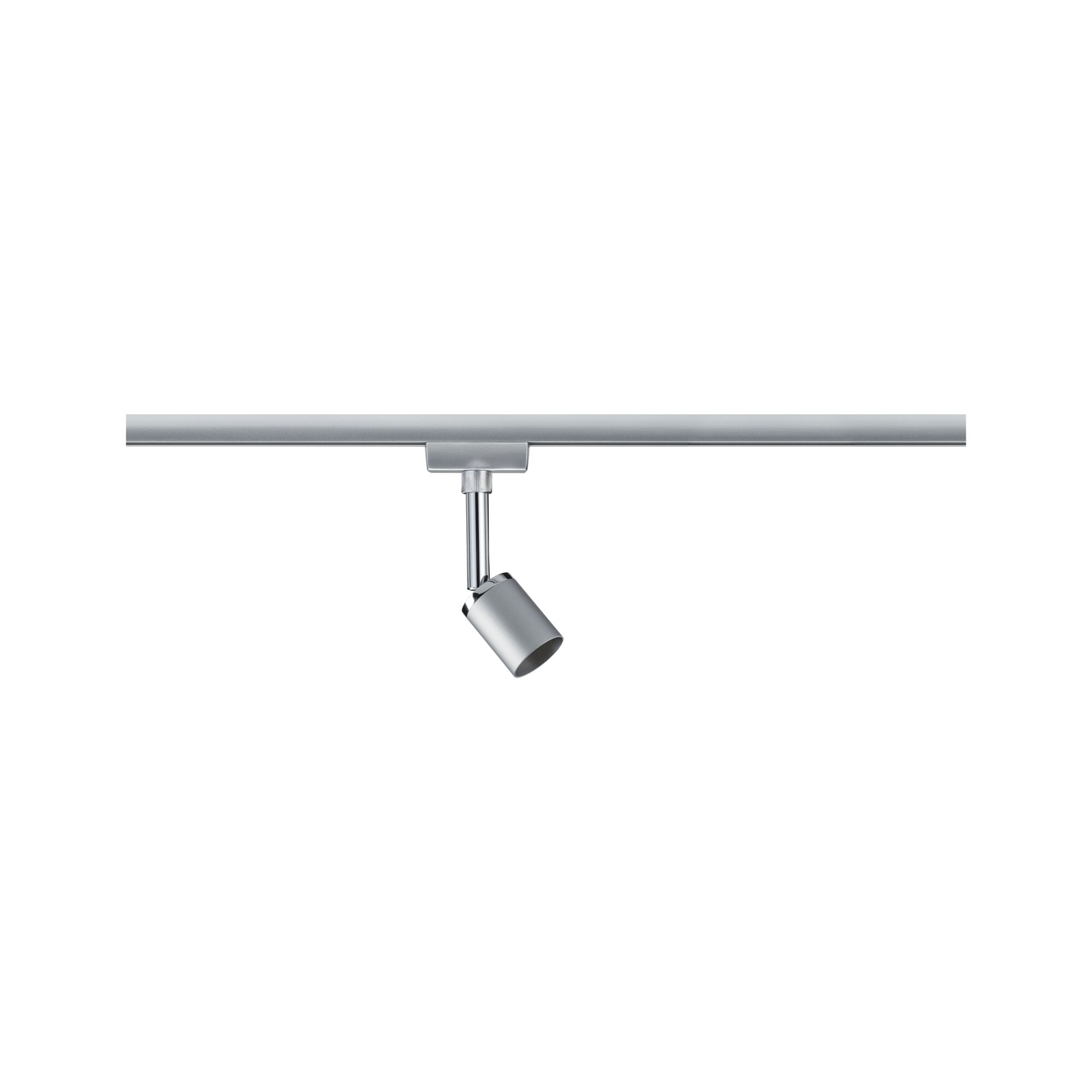 Moderner silberner LED-Strahler aus Metall an Schienensystem für flexible Raumbeleuchtung