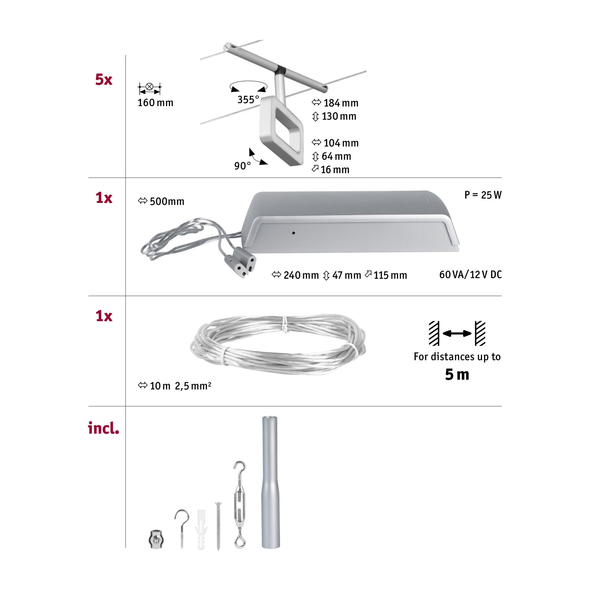 Schéma technique d'un système d'éclairage LED câble argenté avec dimensions et accessoires de montage.