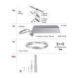 Technische Zeichnung eines silbernen LED-Seilsystems mit Maßen und Zubehör für Innenbeleuchtung.