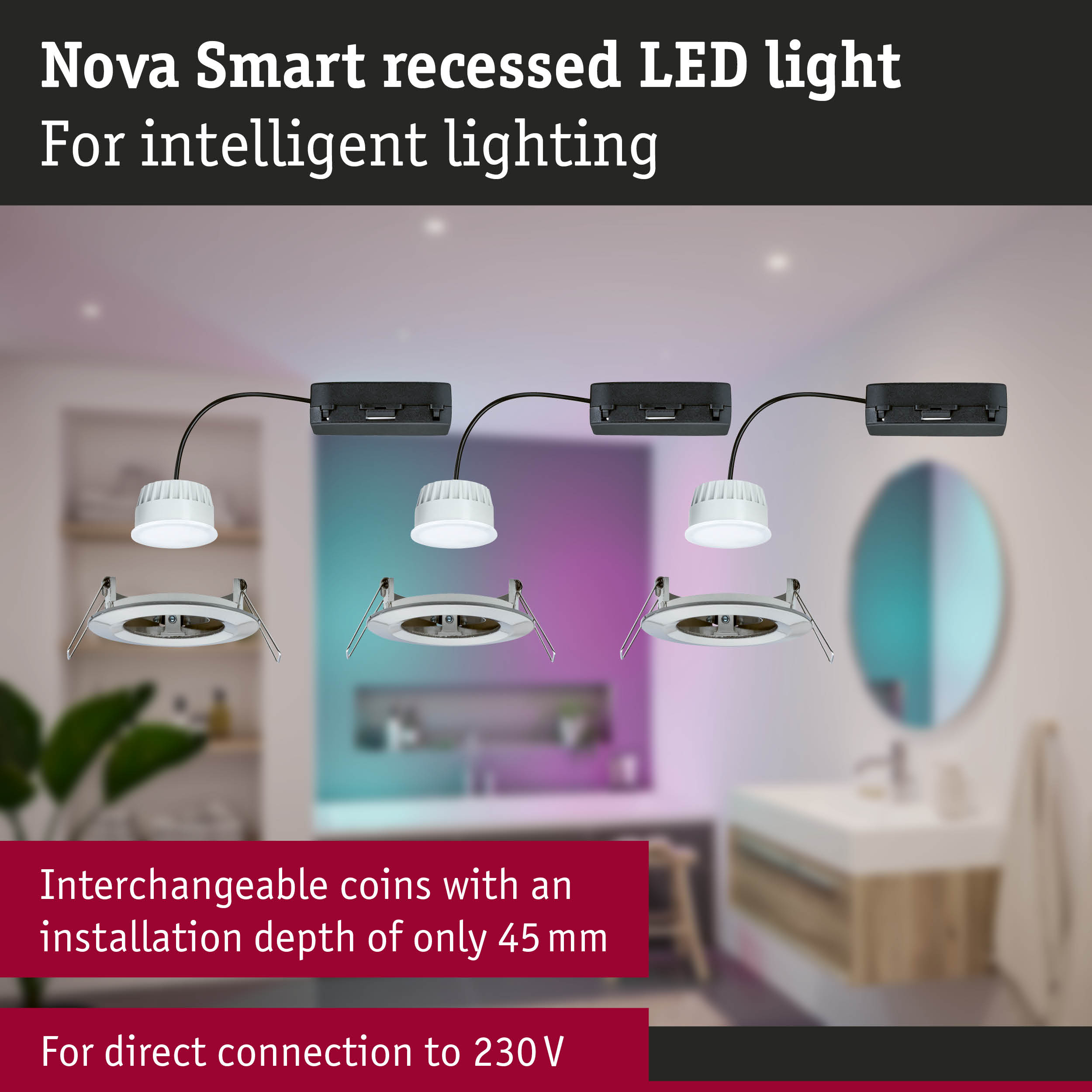 Nova Smart white recessed LED lights with black connectors for intelligent home lighting