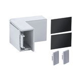 Connecteur d'angle en plastique gris avec deux caches noirs et deux embouts gris pour rails LED.